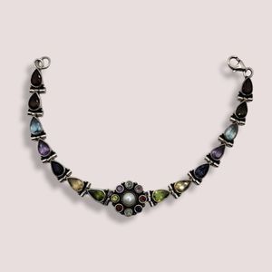 Vintage Womens Sterling Silver 925 Gemstone, Pearl, Flower Tennis Bracelet